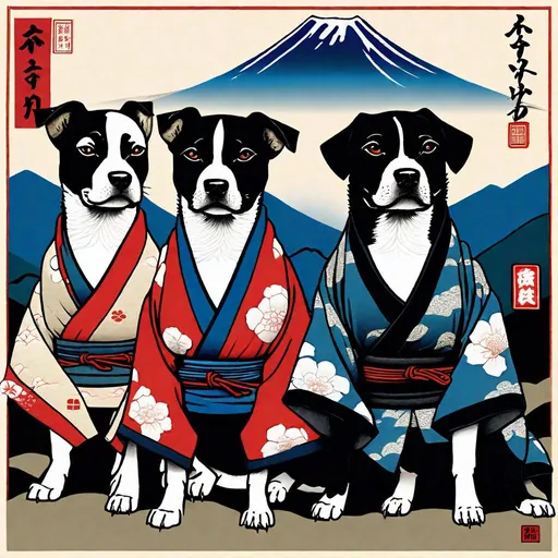 Prompt: black mountain cur dogs in hiroshige wearing yakuza clothes