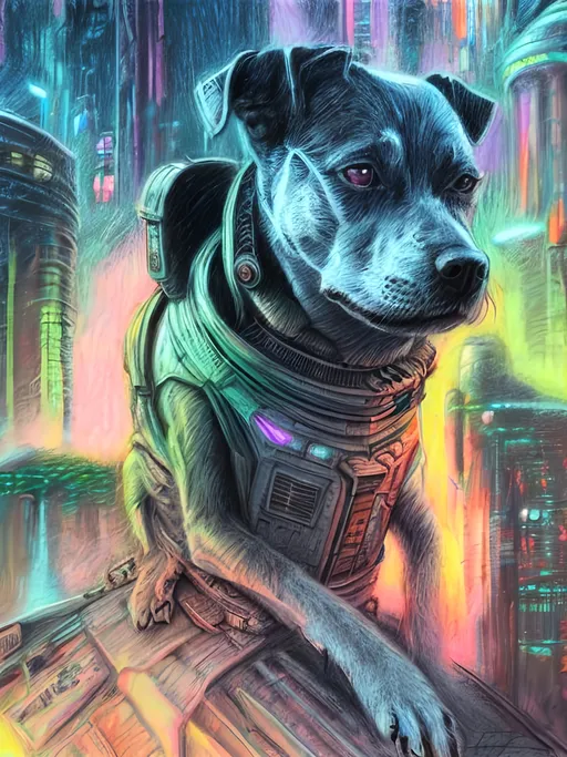 Prompt: Detailed chalk pastel sketch of a cyberpunk spaceship with a detailed dog, natural lighting, highres, abstract atmosphere, fun, detailed background, pastel style, detailed dog, cyberpunk spaceship, fun atmosphere, natural lighting, highres, abstract, sketch, colorful, detailed, vibrant, joyful