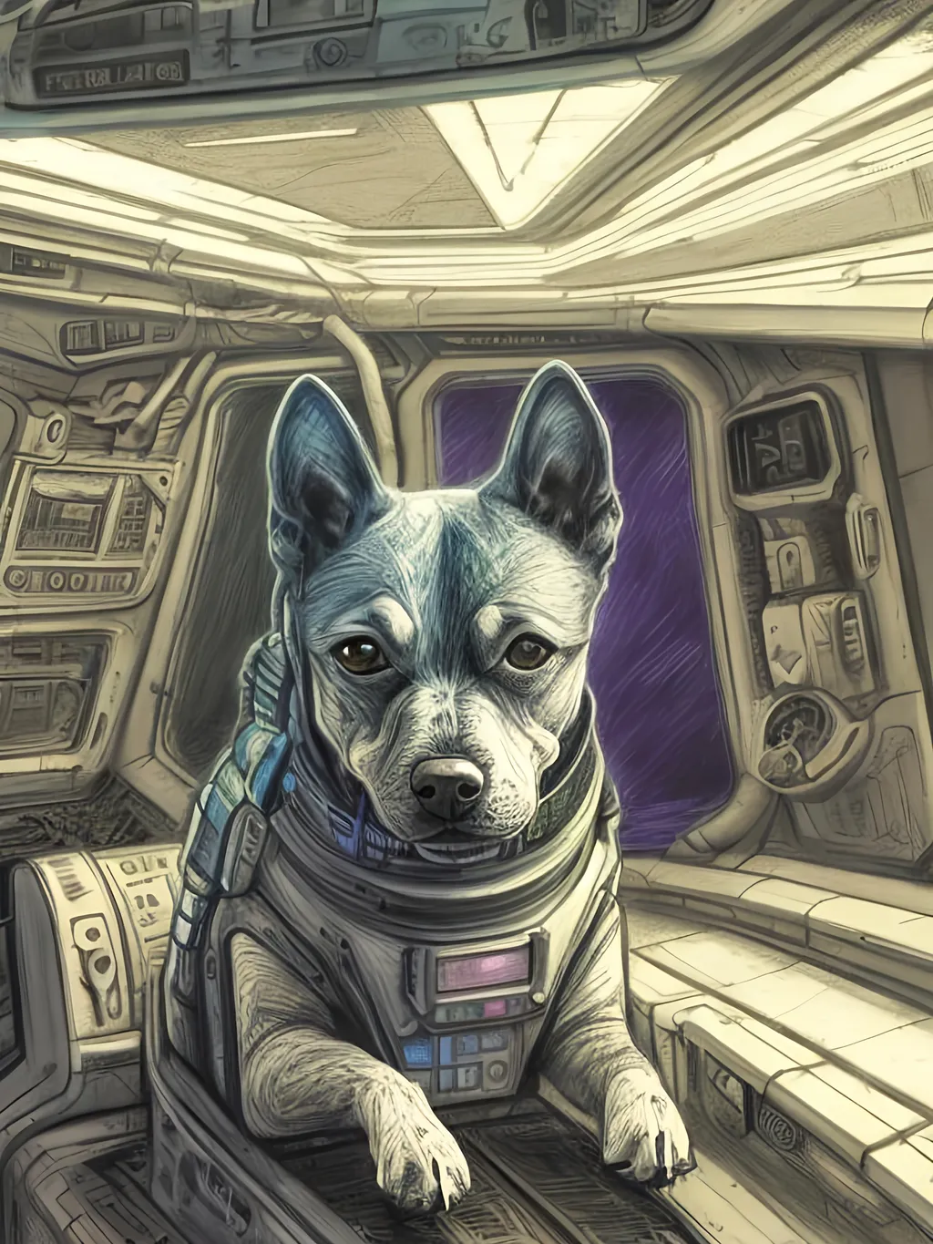 Prompt: chalk pastel style of a  detailed dog in a cyberpunk spaceship, sketch, detailed background, highres, fun atmosphere, natural lighting,  abstract, fun