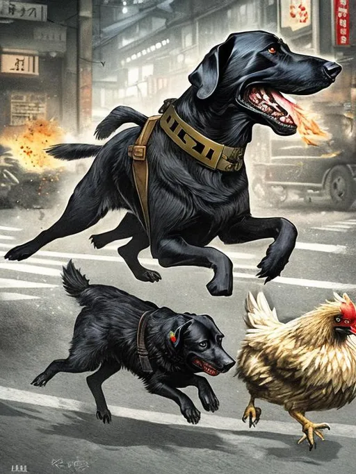 Prompt: a black dog wearing a nazi uniform chasing a chicken in the streets in japan, sketch, detailed background, highres, fun atmosphere, natural lighting, pastel colors, abstract, fun