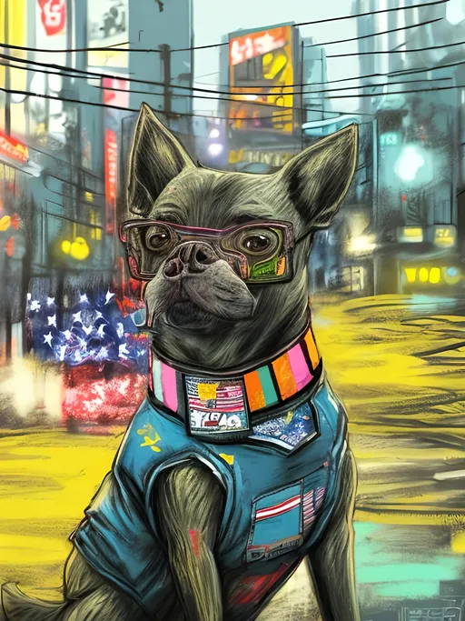 Prompt: pop art chalk pastel art of detailed dog wearing USA clothes playing in the streets in cyberpunk japan during a festival, sketch, detailed background, highres, fun atmosphere, natural lighting,  abstract, fun