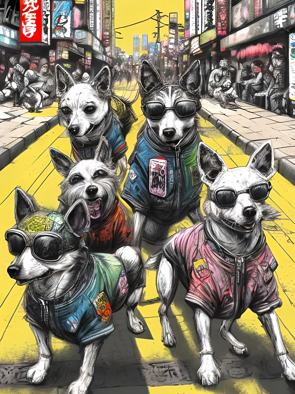 Prompt: pop art chalk pastel art of detailed dogs wearing gangster clothes playing in the streets in cyberpunk japan during a festival, sketch, detailed background, highres, fun atmosphere, natural lighting,  abstract, fun