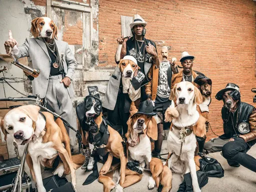 Prompt: black mountain cur dogs rap album dressed as gangsters in recording studio