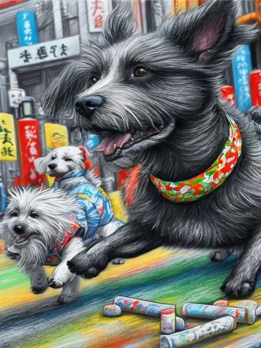 Prompt: pop art chalk pastel art of detailed dogs wearing clothes playing in the streets in japan during a festival, sketch, detailed background, highres, fun atmosphere, natural lighting,  abstract, fun