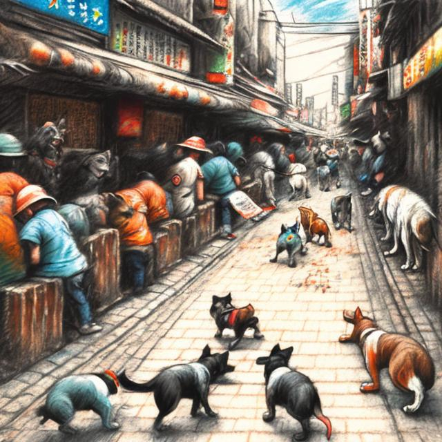 Prompt: etchy chalk pastel art of dogs playing in the streets in japan during a festival, sketch, detailed background, highres, fun atmosphere, natural lighting, pastel colors, abstract, fun