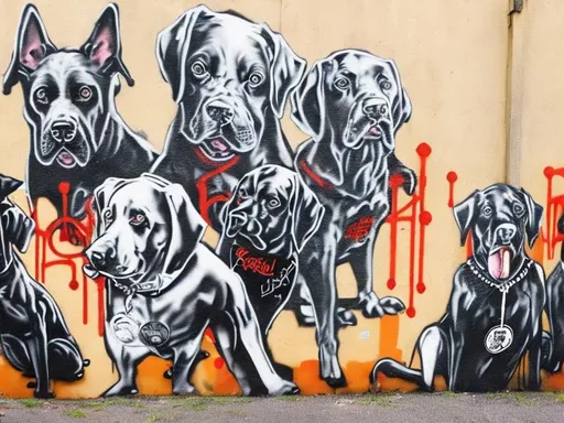 Prompt: black dogs in gangster clothing graffiti