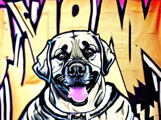 Prompt: mountain cur black dogs in gangster rappers clothing graffiti