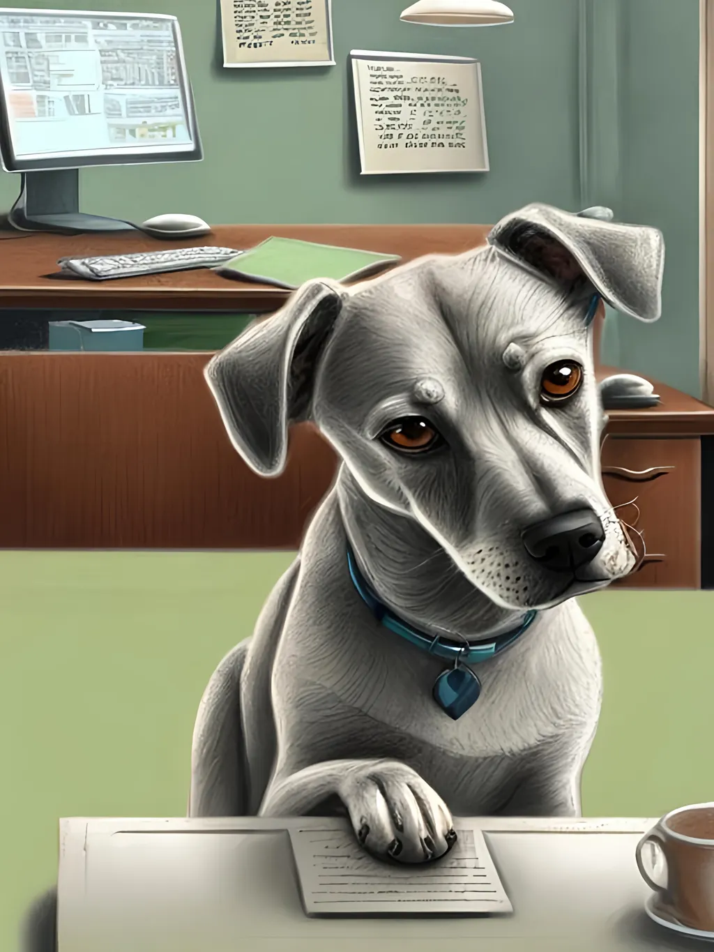 Prompt: chalk pastel style of a  detailed dog typing at a desk in an office, sketch, detailed background, highres, fun atmosphere, natural lighting,  abstract, fun