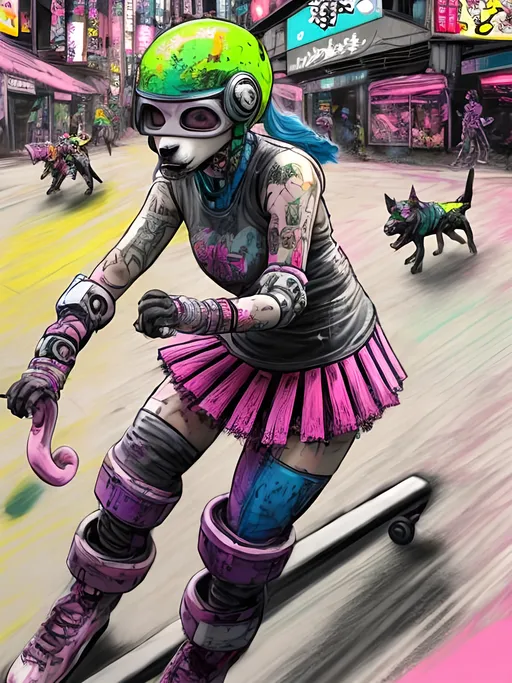 Prompt: pop art chalk pastel art of detailed dog playing roller derby in cyberpunk japan during a festival, sketch, detailed background, highres, fun atmosphere, natural lighting,  abstract, fun