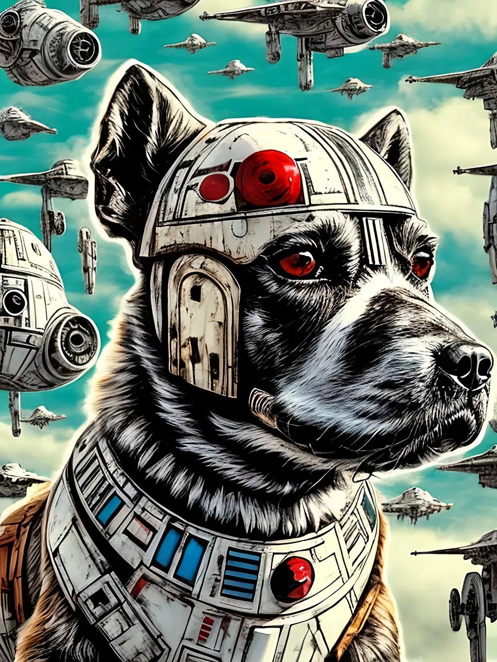 Prompt: pop art chalk pastel style art of detailed dog in star wars with pod racers, sketch, detailed background, highres, fun atmosphere, natural lighting,  abstract, fun