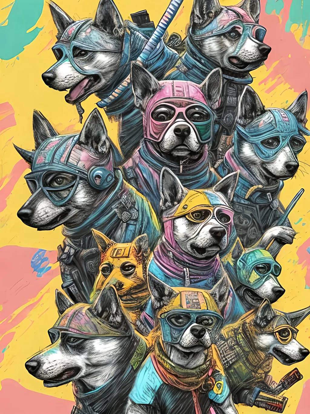 Prompt: pop art chalk pastel art of detailed dogs wearing ninja clothes playing in the streets in cyberpunk japan during a festival, sketch, detailed background, highres, fun atmosphere, natural lighting,  abstract, fun