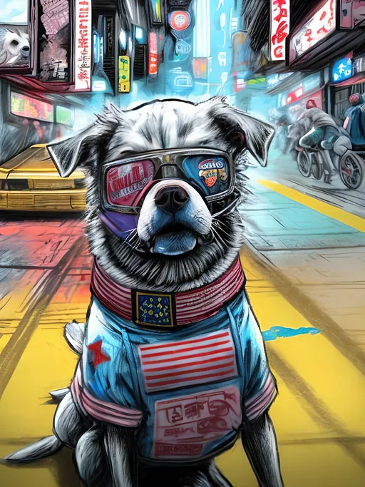 Prompt: pop art chalk pastel art of detailed dog wearing USA clothes playing in the streets in cyberpunk japan during a festival, sketch, detailed background, highres, fun atmosphere, natural lighting,  abstract, fun