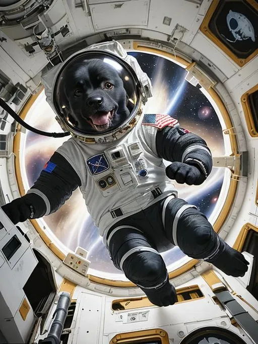 Prompt: abstract style art of black dogs in space in astronaut outfits