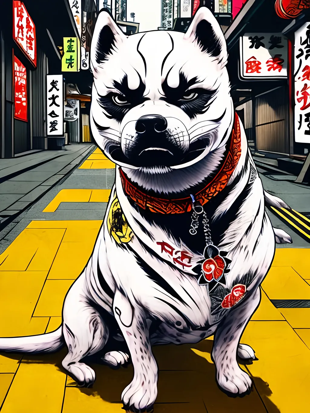 Prompt: pop art chalk pastel style of a detailed yakuza dog in the streets in japan during a festival, sketch, detailed background, highres, fun atmosphere, natural lighting,  abstract, fun