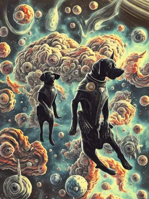 Prompt: Surrealism black dogs in gangster outfits in space, abstract art style, cowboy hat, fun atmosphere, floating celestial bodies, mysterious nebulae, dreamlike, surreal, high contrast, otherworldly, abstract, space, astronaut, fun atmosphere, celestial bodies, dreamlike, surreal, high contrast, mysterious, nebulae, dogs, usa, patriotic, trump