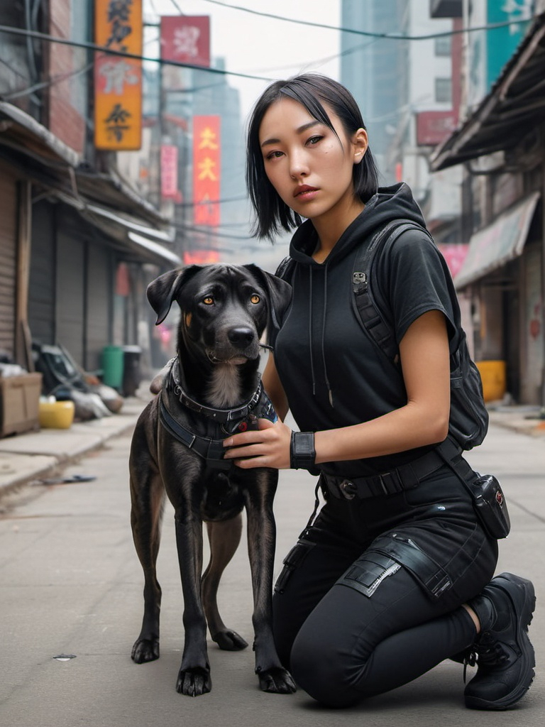 Prompt: mountain cur black dog with half asian girl in cyberpunk city