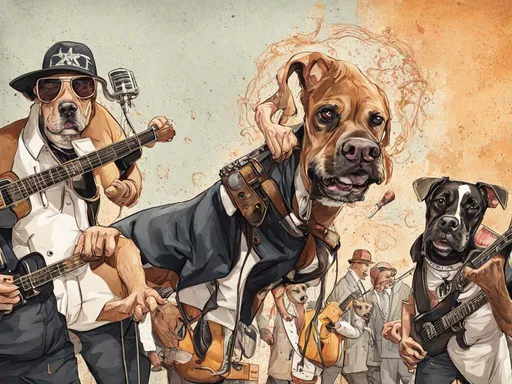 Prompt: black mountain cur dogs rap album dressed as gangsters in recording studio