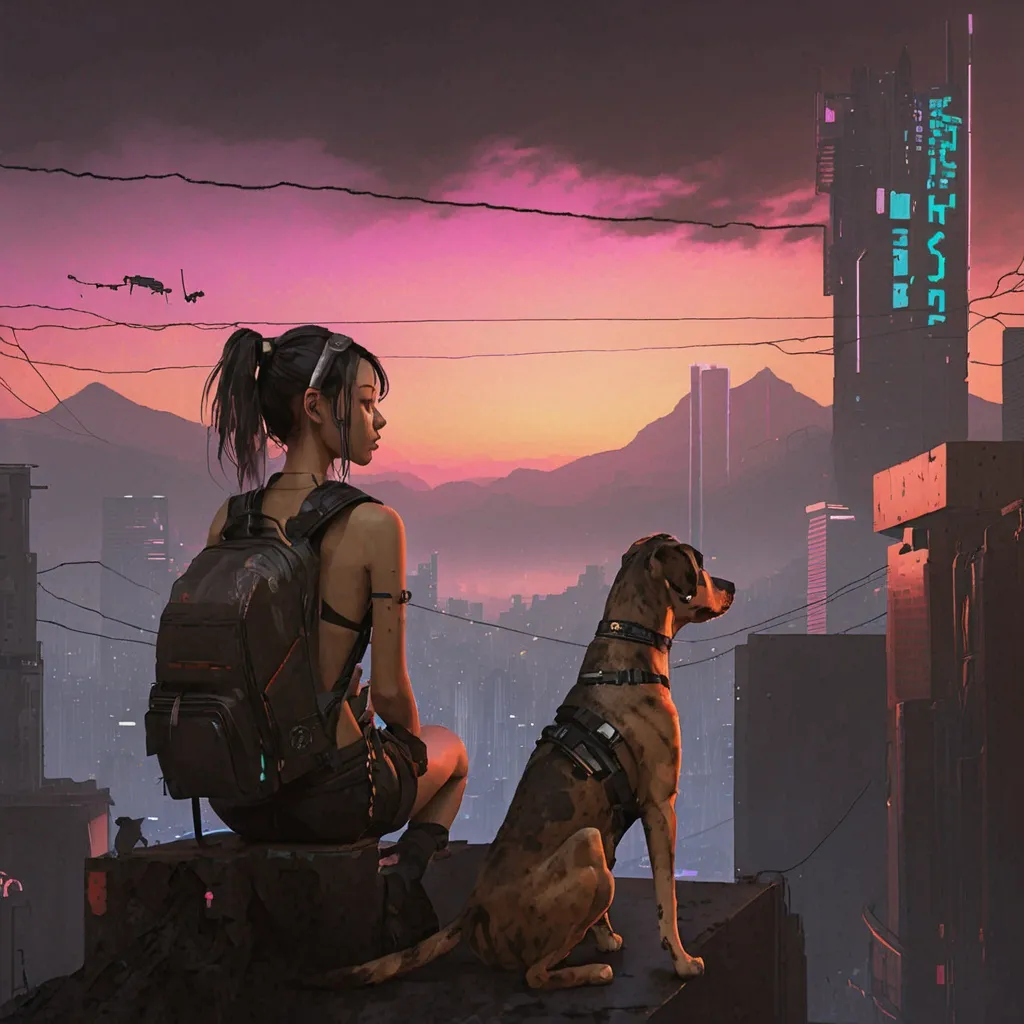 Prompt: sunset cyberpunk city with dogs mountain cur and asian girl
