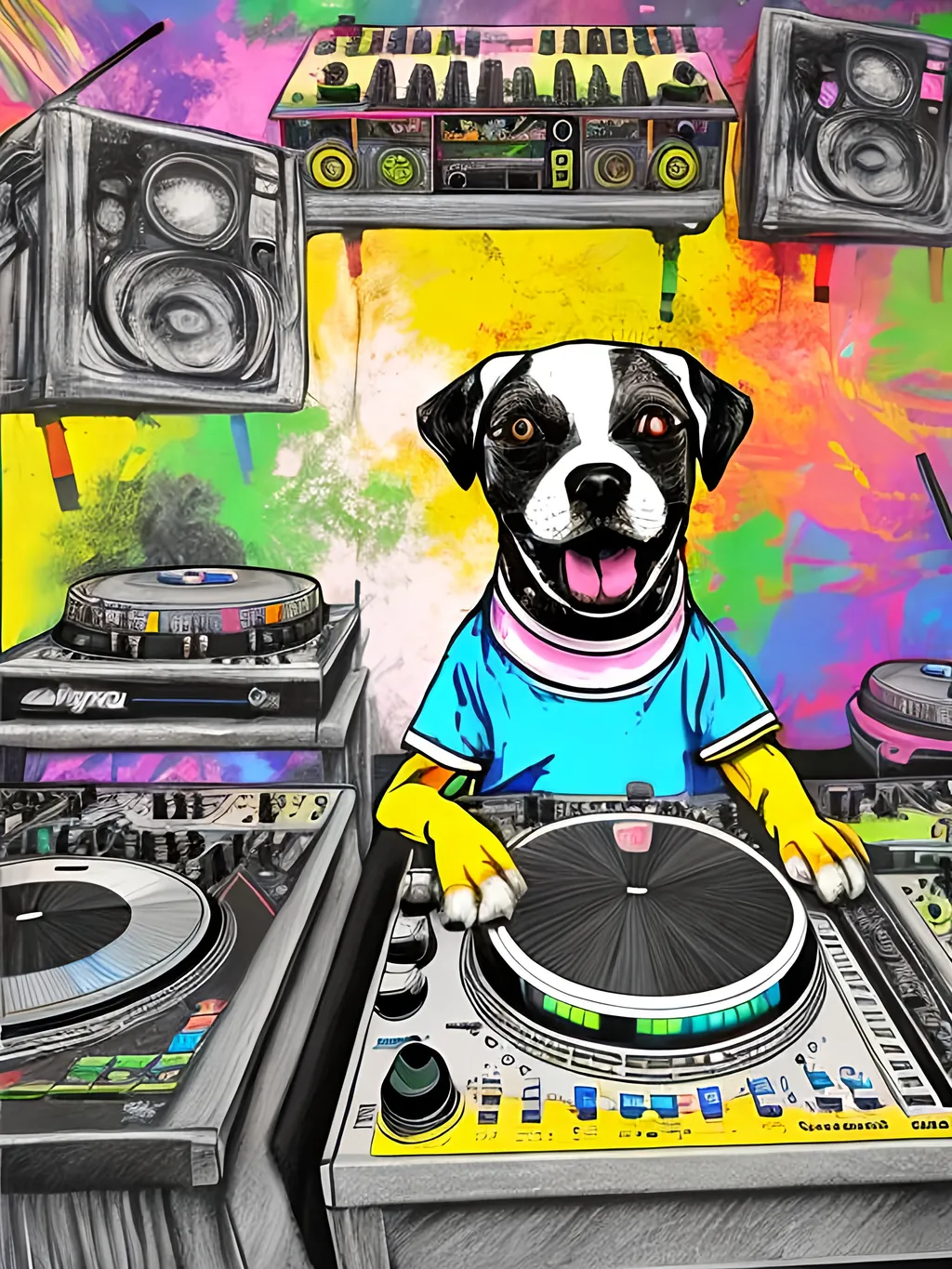 Prompt: pop art chalk pastel art of detailed dog DJing in Japan, sketch, detailed background, highres, fun atmosphere, natural lighting,  abstract, fun