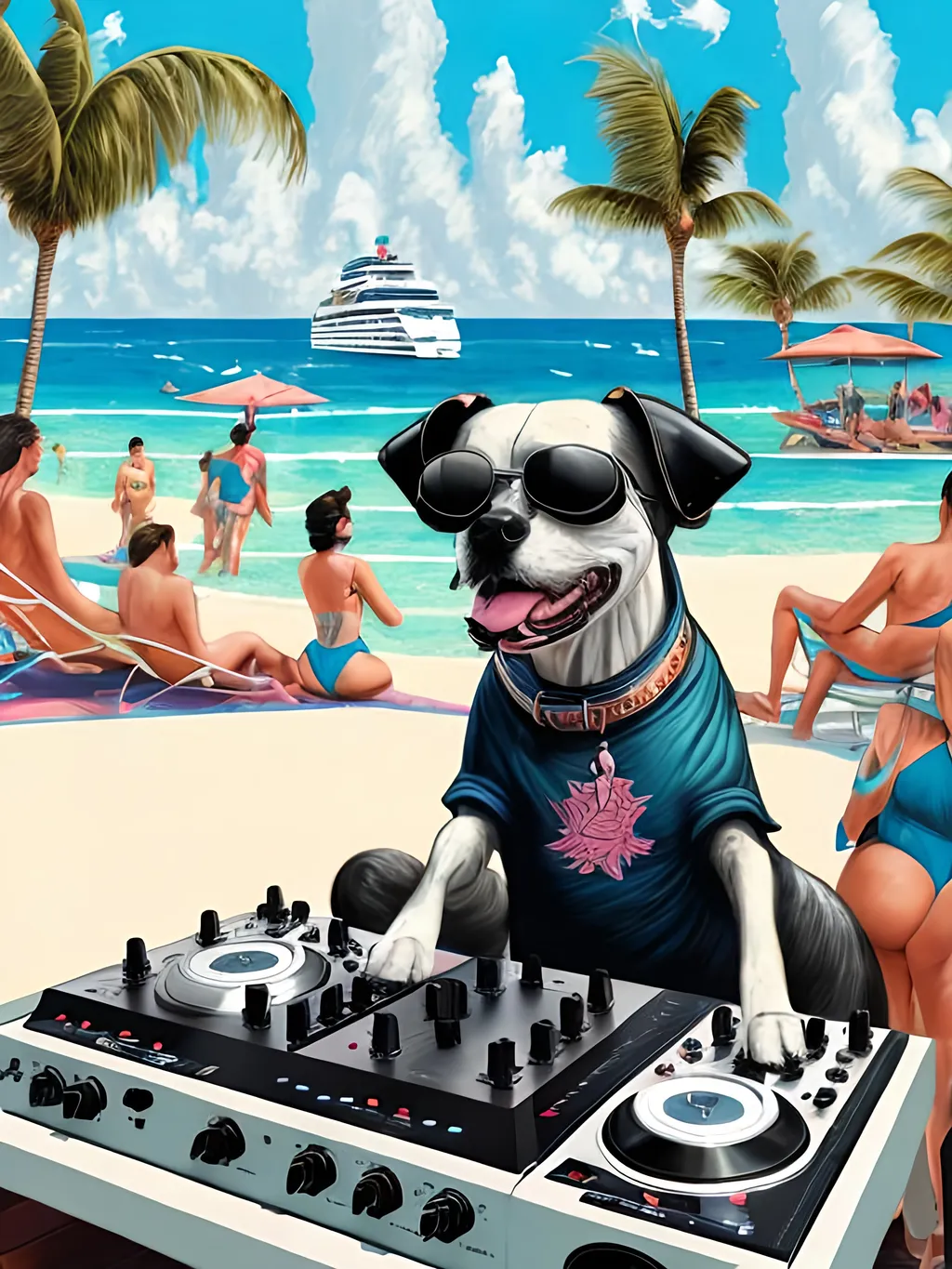 Prompt: chalk pastel style of a  detailed dog DJing on a cruise in Cancun, sketch, detailed background, highres, fun atmosphere, natural lighting,  abstract, fun