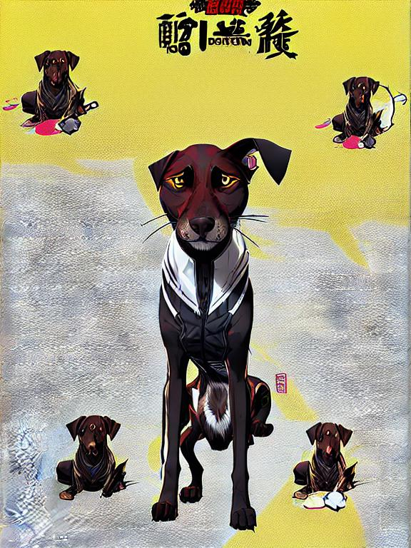 Prompt: black mountain cur dog in yakuza outfit 90s poster