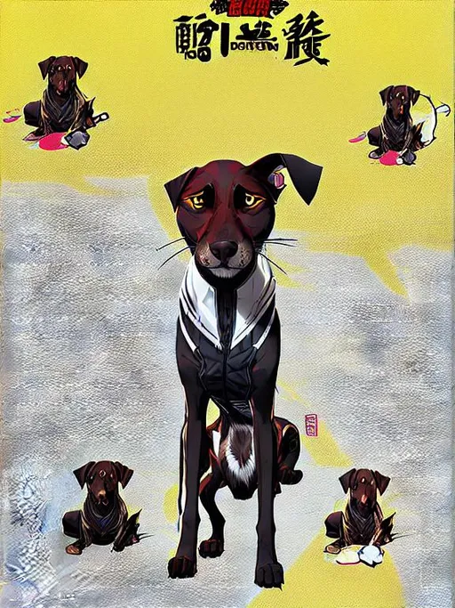 Prompt: black mountain cur dog in yakuza outfit 90s poster