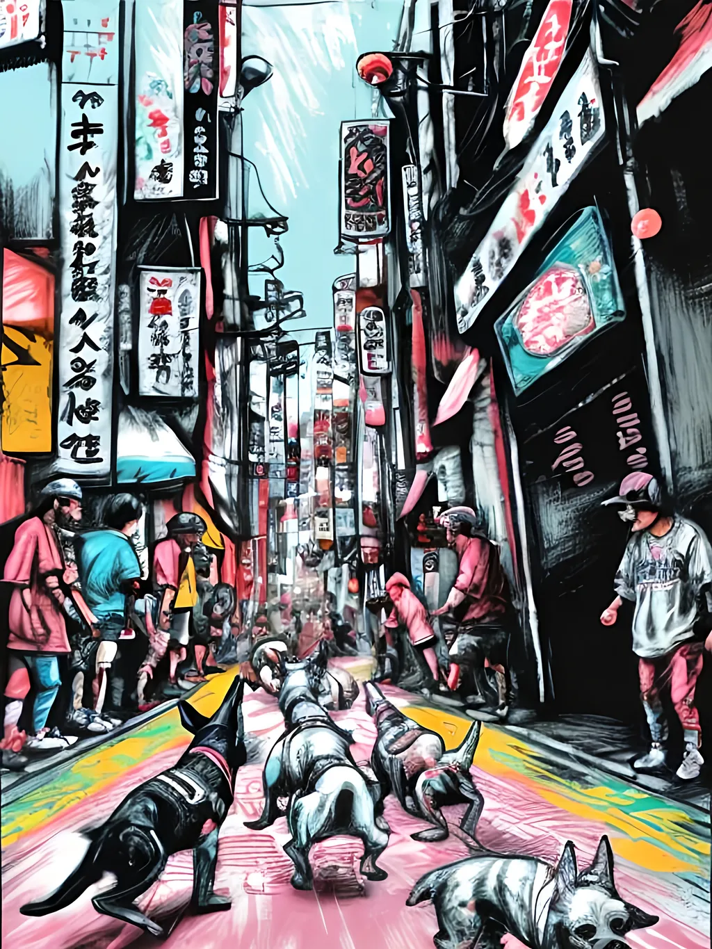 Prompt: pop art chalk pastel art of detailed dogs wearing gangster clothes playing in the streets in japan during a festival, sketch, detailed background, highres, fun atmosphere, natural lighting,  abstract, fun