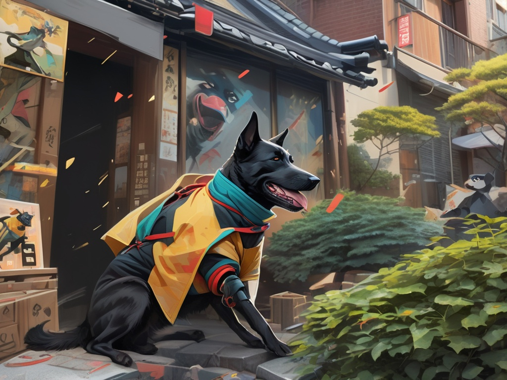 Prompt: black dog wearing ninja clothes having fun in the streets with a battle in the background, dogs, abstract art, Screen print, digital art, 8k resolution trending on Artstation, golden ratio, akira, rule of thirds, geometric bauhaus, Studio Ghibli, Anime Key Visual, by Makoto Shinkai, Deep Color, Intricate, 8k resolution concept art, Natural Lighting, Beautiful Composition