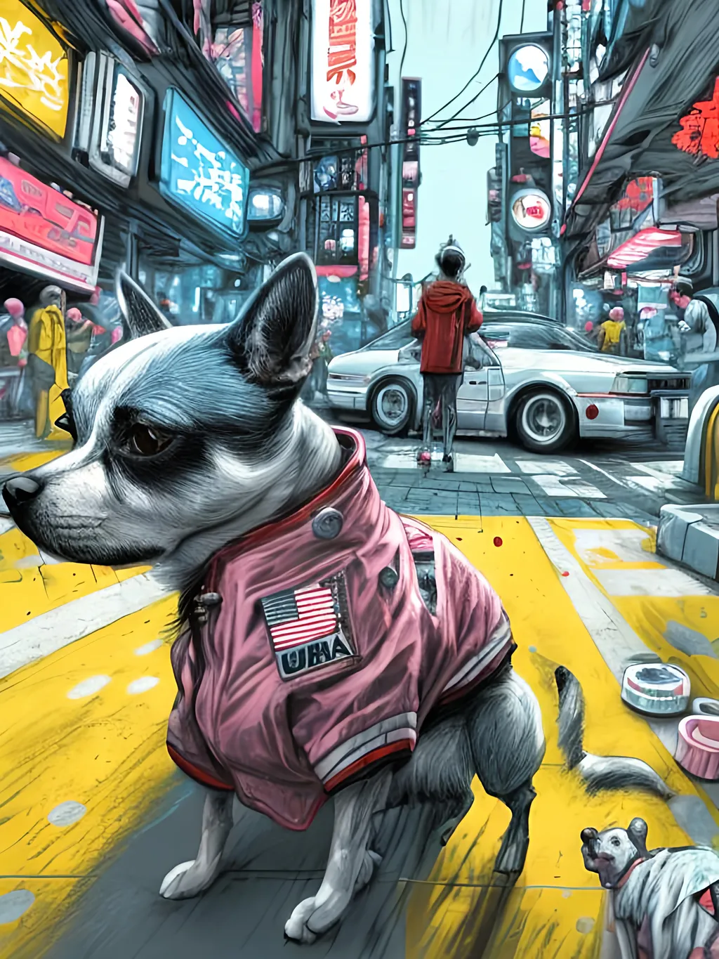 Prompt: pop art chalk pastel art of detailed dog wearing USA clothes playing in the streets in cyberpunk japan during a festival, sketch, detailed background, highres, fun atmosphere, natural lighting,  abstract, fun