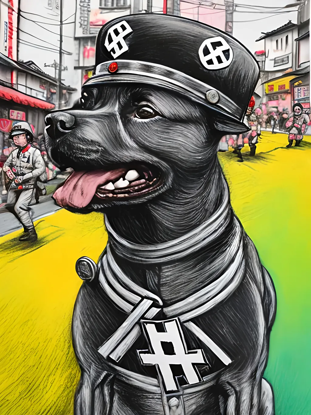 Prompt: pop art chalk pastel art of detailed dogs wearing nazi uniforms playing in the streets in japan during a festival, sketch, detailed background, highres, fun atmosphere, natural lighting,  abstract, fun