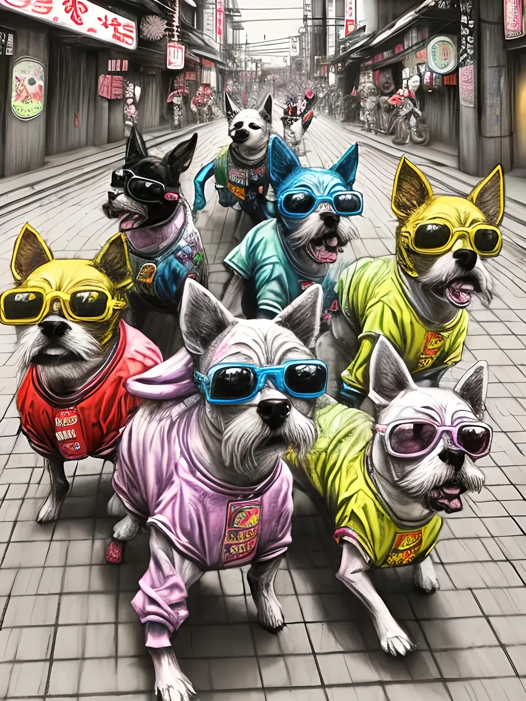 Prompt: pop art chalk pastel art of detailed dogs wearing gangster clothes playing in the streets in japan during a festival, sketch, detailed background, highres, fun atmosphere, natural lighting,  abstract, fun