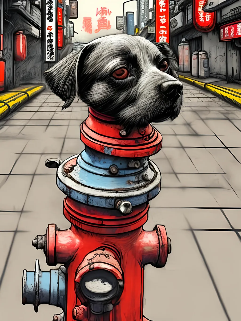 Prompt: pop art chalk pastel art of detailed dog taking a piss on a fire hydrant in cyberpunk japan during a festival, sketch, detailed background, highres, fun atmosphere, natural lighting,  abstract, fun