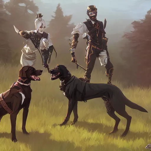 Prompt: black mountain cur dogs LARPing in cosplay