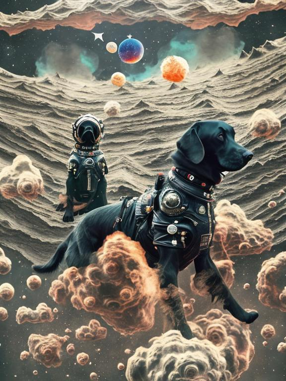 Prompt: Surrealism black dogs in gangster outfits in space, abstract art style, cowboy hat, fun atmosphere, floating celestial bodies, mysterious nebulae, dreamlike, surreal, high contrast, otherworldly, abstract, space, astronaut, fun atmosphere, celestial bodies, dreamlike, surreal, high contrast, mysterious, nebulae, dogs, usa, patriotic, trump