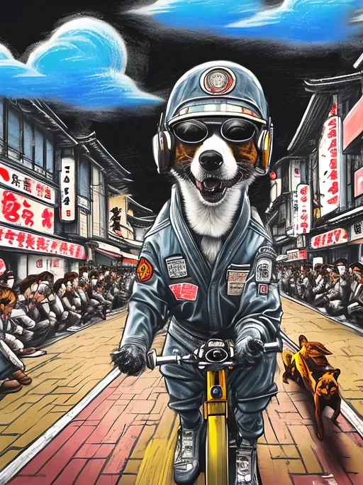 Prompt: pop art chalk pastel art of a detailed dog wearing pilot uniforms playing in the streets in japan during a festival, sketch, detailed background, highres, fun atmosphere, natural lighting,  abstract, fun