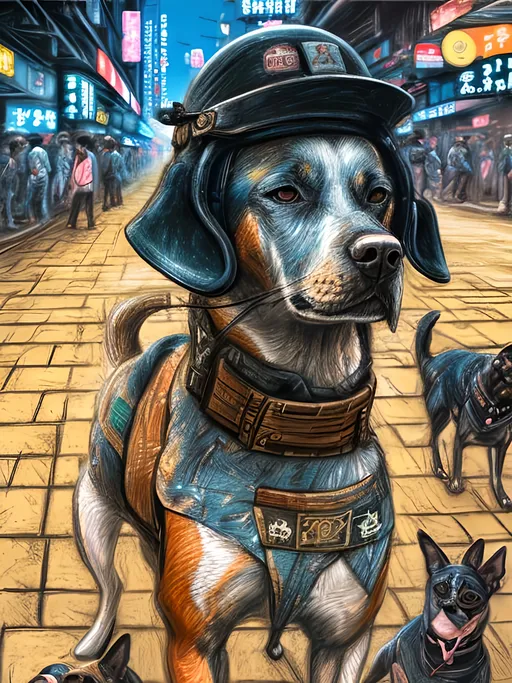 Prompt: chalk pastel art of a detailed dogs wearing military uniforms on the streets in cyberpunk japan during a festival, sketch, detailed background, highres, fun atmosphere, natural lighting,  abstract, fun