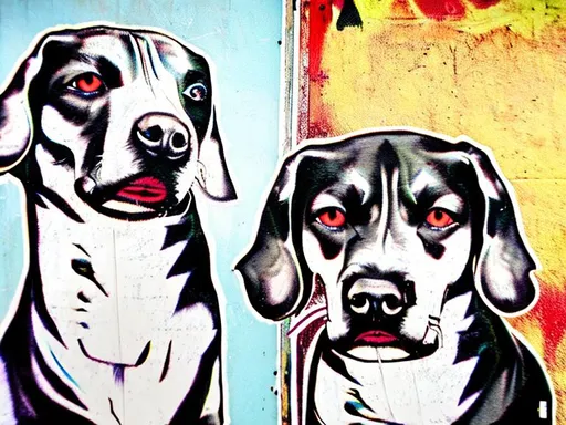 Prompt: mountain cur black dogs in gangster rappers clothing graffiti