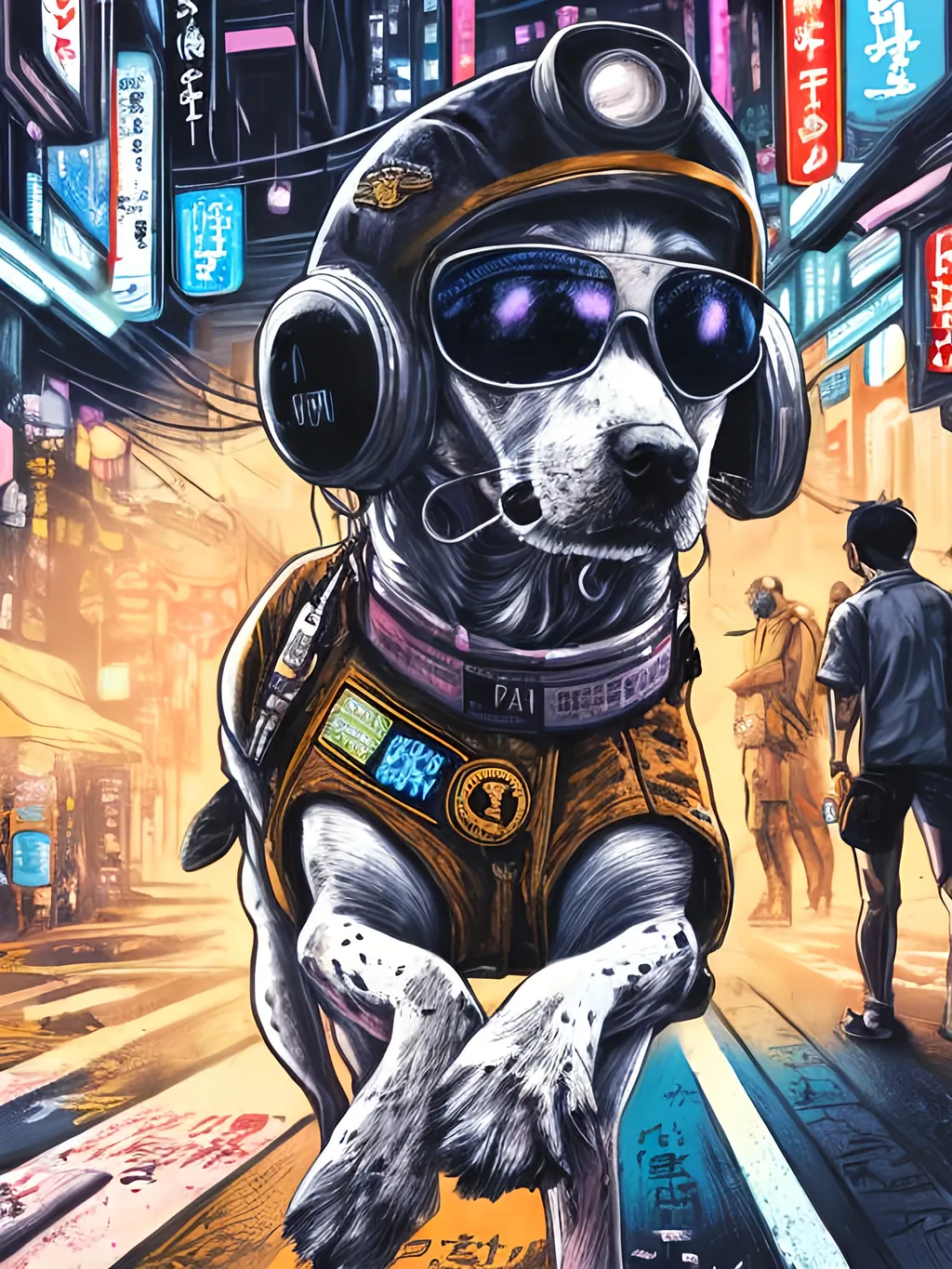 Prompt: pop art chalk pastel art of a detailed dog wearing a pilot uniform playing in the streets in cyberpunk japan during a festival, sketch, detailed background, highres, fun atmosphere, natural lighting,  abstract, fun