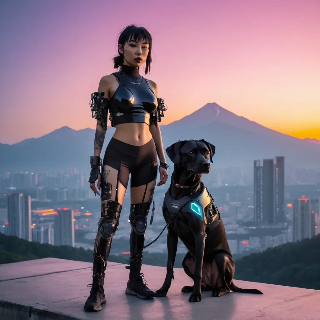 Prompt: sunset cyberpunk with mountain cur black dog and asian girl