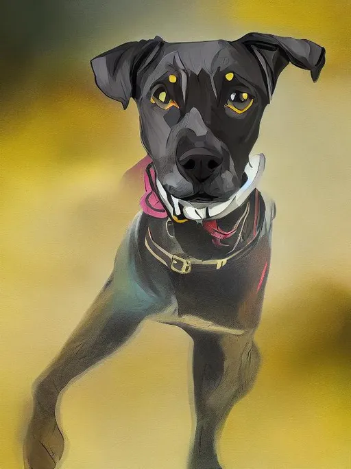 Prompt: mountain cur black dog in clothes abstract art