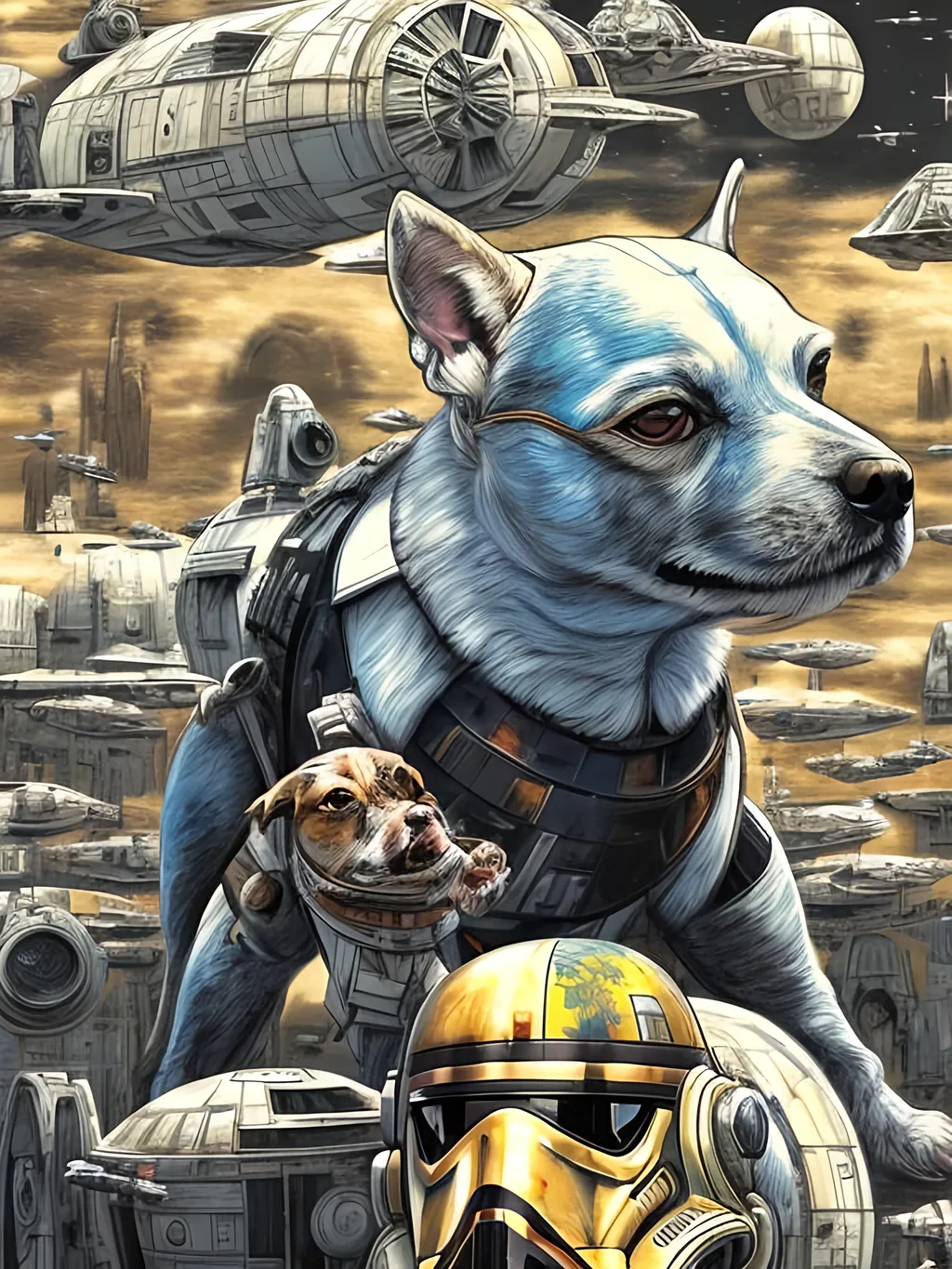 Prompt: pop art chalk pastel style art of detailed dog in star wars with pod racers, sketch, detailed background, highres, fun atmosphere, natural lighting,  abstract, fun