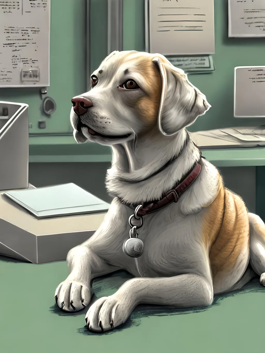 Prompt: chalk pastel style of a  detailed dog typing at a desk in an office, sketch, detailed background, highres, fun atmosphere, natural lighting,  abstract, fun