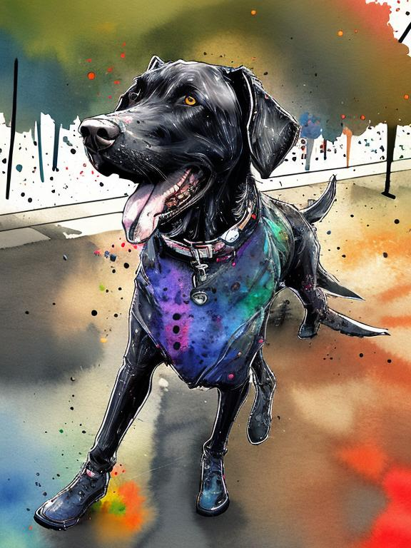 Prompt: a black dog wearing clothes having fun in the streets, water color, sketch, detailed background, highres, fun atmosphere, natural lighting