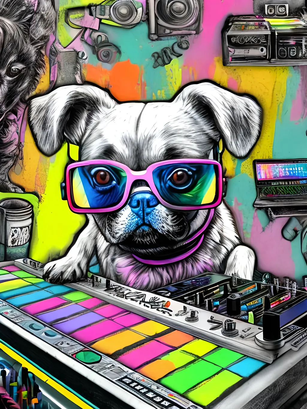 Prompt: pop art chalk pastel art of detailed dog DJing in Japan, sketch, detailed background, highres, fun atmosphere, natural lighting,  abstract, fun