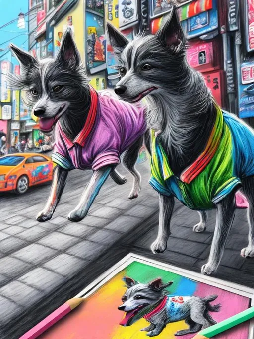 Prompt: pop art chalk pastel art of detailed dogs wearing clothes playing in the streets in japan during a festival, sketch, detailed background, highres, fun atmosphere, natural lighting,  abstract, fun