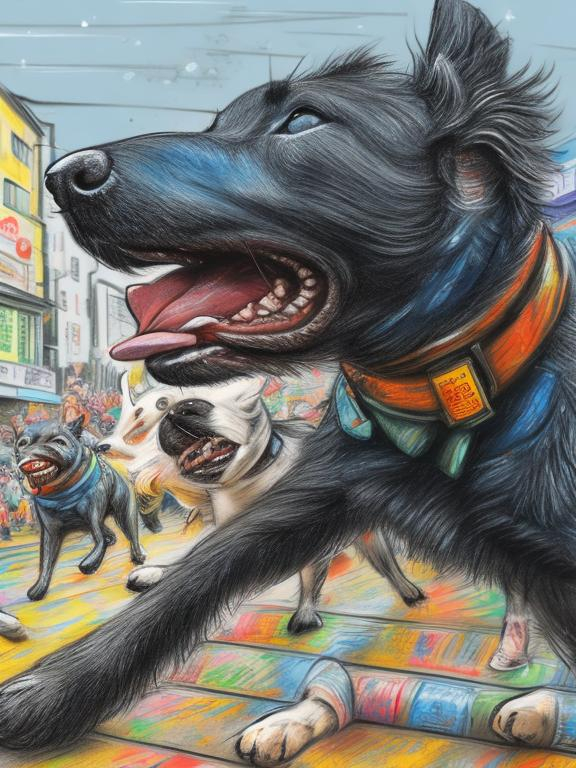 Prompt: pop art chalk pastel art of detailed dogs wearing clothes playing in the streets in japan during a festival, sketch, detailed background, highres, fun atmosphere, natural lighting,  abstract, fun