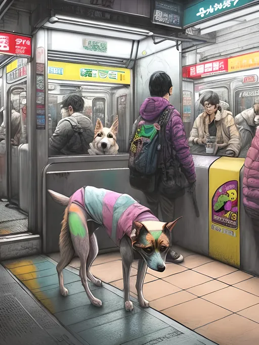 Prompt: pop art chalk pastel art of detailed dog at a subway in cyberpunk japan, sketch, detailed background, highres, fun atmosphere, natural lighting,  abstract, fun