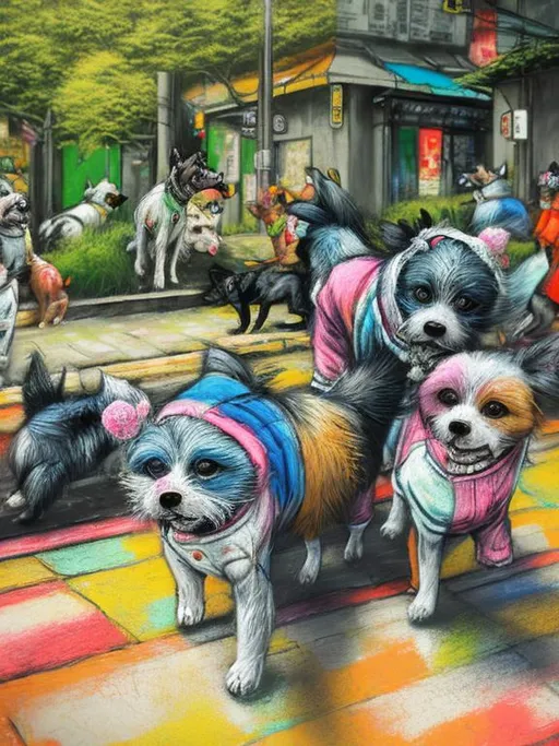 Prompt: pop art chalk pastel art of detailed dogs wearing clothes playing in the streets in japan during a festival, sketch, detailed background, highres, fun atmosphere, natural lighting,  abstract, fun