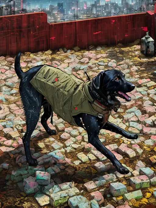 Prompt: a detailed mountain cur black dog in cyberpunk japan, pop art chalk pastel, detailed background, high res, fun