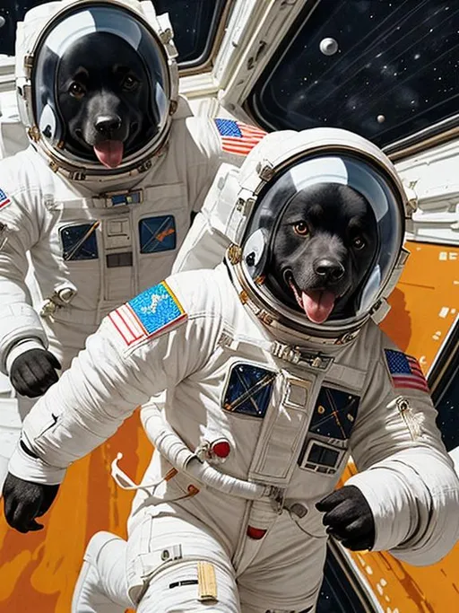 Prompt: abstract style art of black dogs in space in astronaut outfits